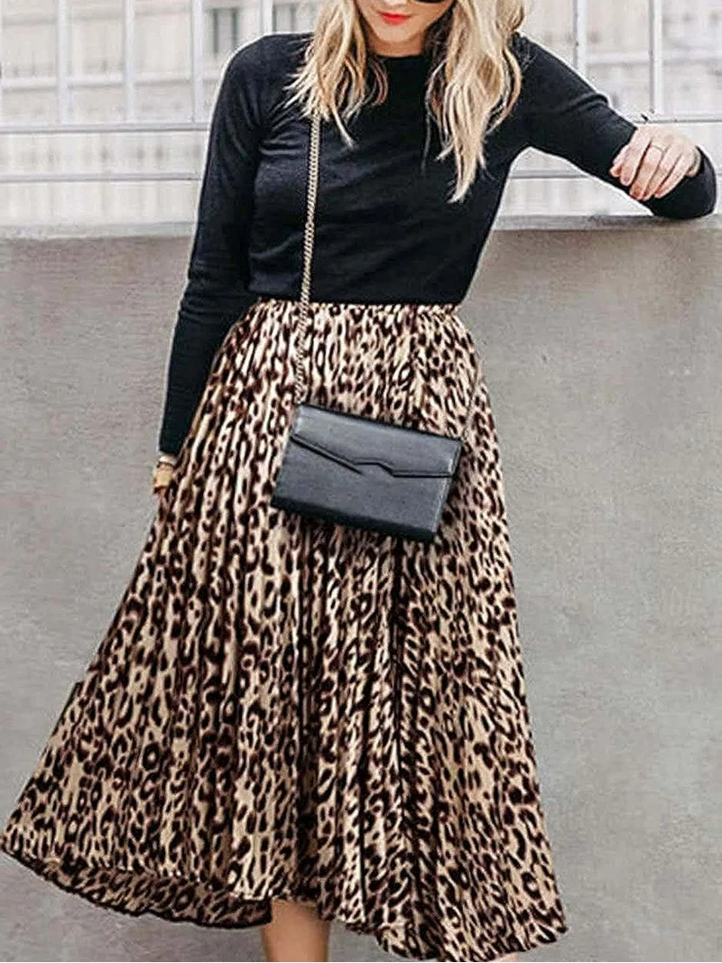 Keasmto Women Skirts Leopard Pleated Skirt Midi Long Cheetah High Waist Ladies Elasticized Summer... | Walmart (US)