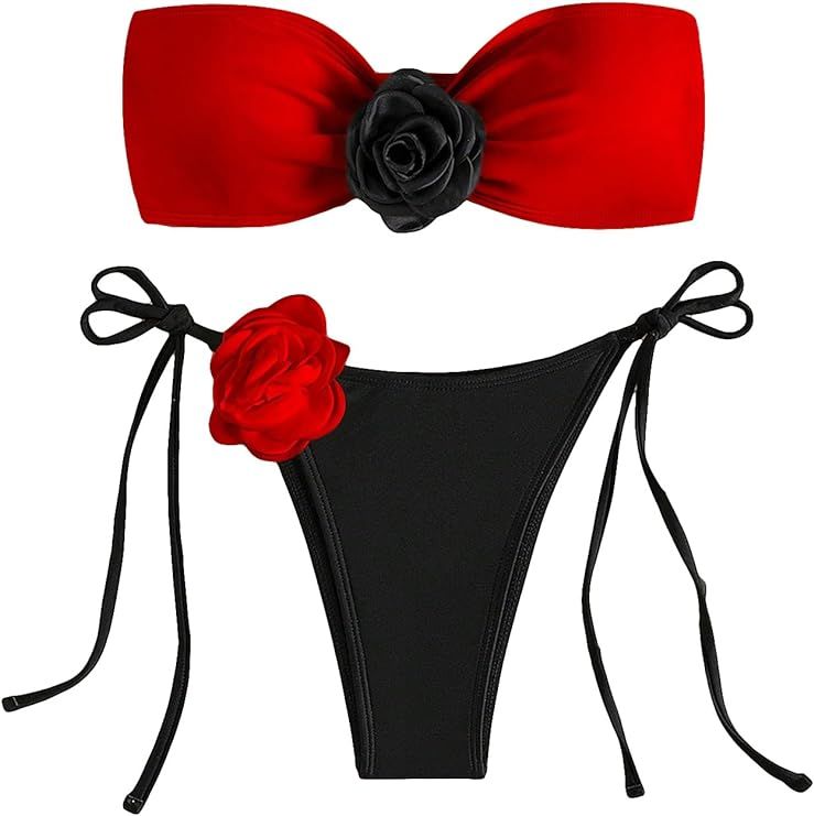 GORGLITTER Women's 2 Piece 3D Floral Strapless Swimsuit Bandeau Top Cheeky String Thong Bikini Se... | Amazon (US)
