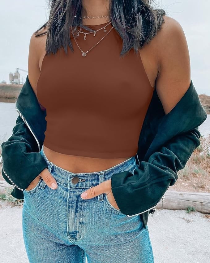 Women's Halter Neck Tank Tops Raceback Double Lined Sexy Sleeveless Basic Tank Crop Tops | Amazon (US)