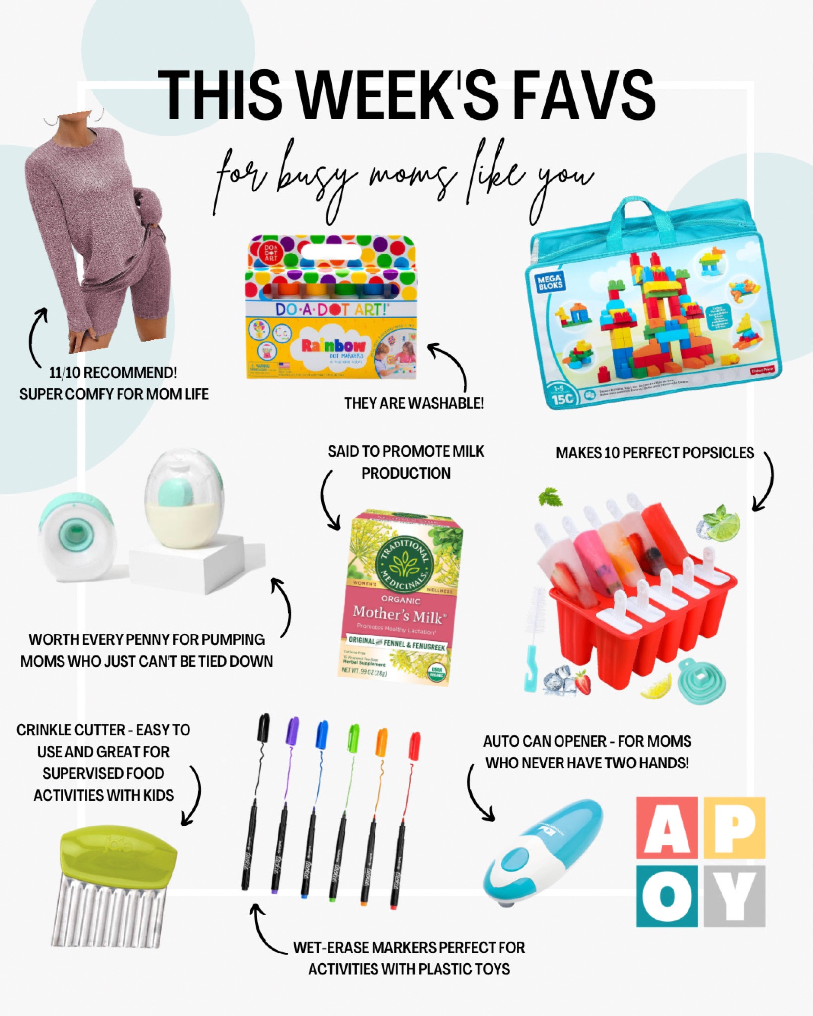 This week’s follower favorites that I absolutely love too!

For mom: the actual comfiest Amazon loungewear set you will ever wear, Willow wireless breast pumps that will change your pumping game, and Mother’s Milk herbal tea that is said to promote milk production (I’ve been drinking it twice a day!)

For kids - Washable dot markers for all the activities and MegaBloks and wet-erase markers for the Number Ordering activity I shared earlier this week

For the home - Our favorite popsicle molds perfect for homemade popsicles, the crinkle cutter from Joie that just makes food fun, and the automatic can opener by Kitchen Mama that adds convenience to busy moms’ lives 🙌🏼

#LTKhome #LTKfamily #LTKkids