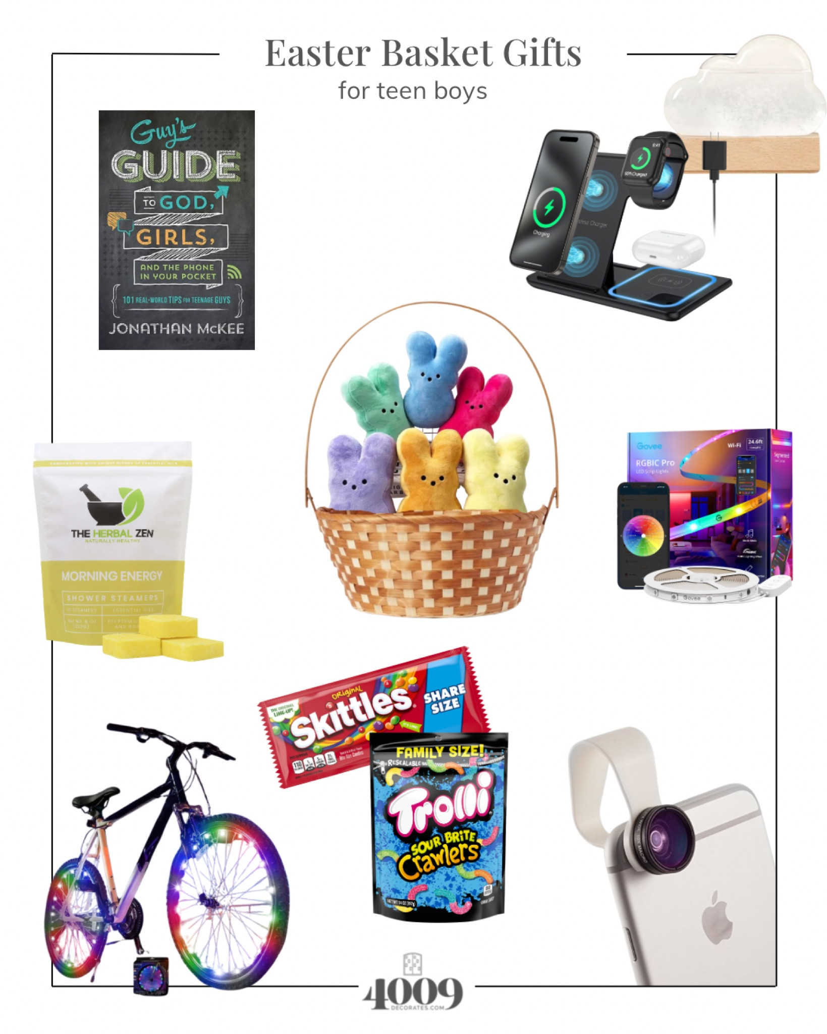 Easter gift basket ideas for teen boys. 
Walmart
Uncommon Goods
Target

Unique gift | stuffed peeps | shower steamer | govee LED light strip | trolli | skittles | bike lights | iPhone lens | wireless charging station | storm cloud

#LTKkids #LTKfindsunder50 #LTKSeasonal