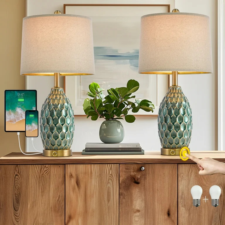 Oneach Modern 3 Way Dimmable Table Lamp Set of 2 with 2 USB Ports for Bedroom Living Room 23.5" T... | Walmart (US)