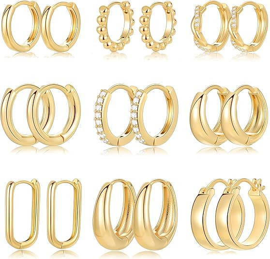 9 Pairs Small Gold/Silver Hoop Huggie Earrings Set for Women, 14K Gold Plated Chunky Hoop Small E... | Amazon (US)