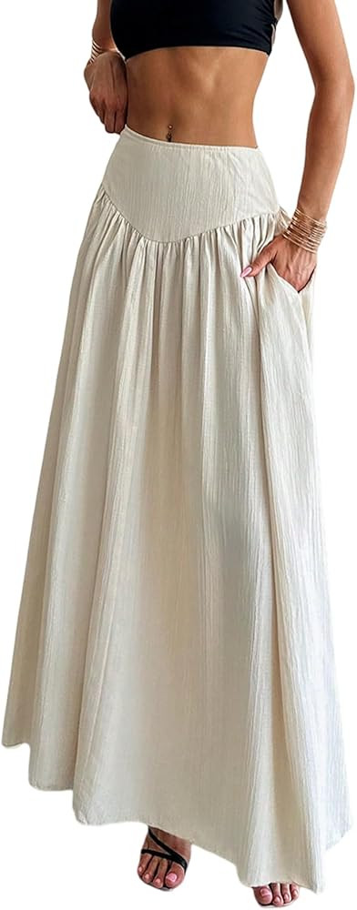 QJQ Women's Fall Boho Flowy Flared Ruffle Maxi Skirt High Waisted Long Flowy Pleated Skirts with ... | Amazon (US)
