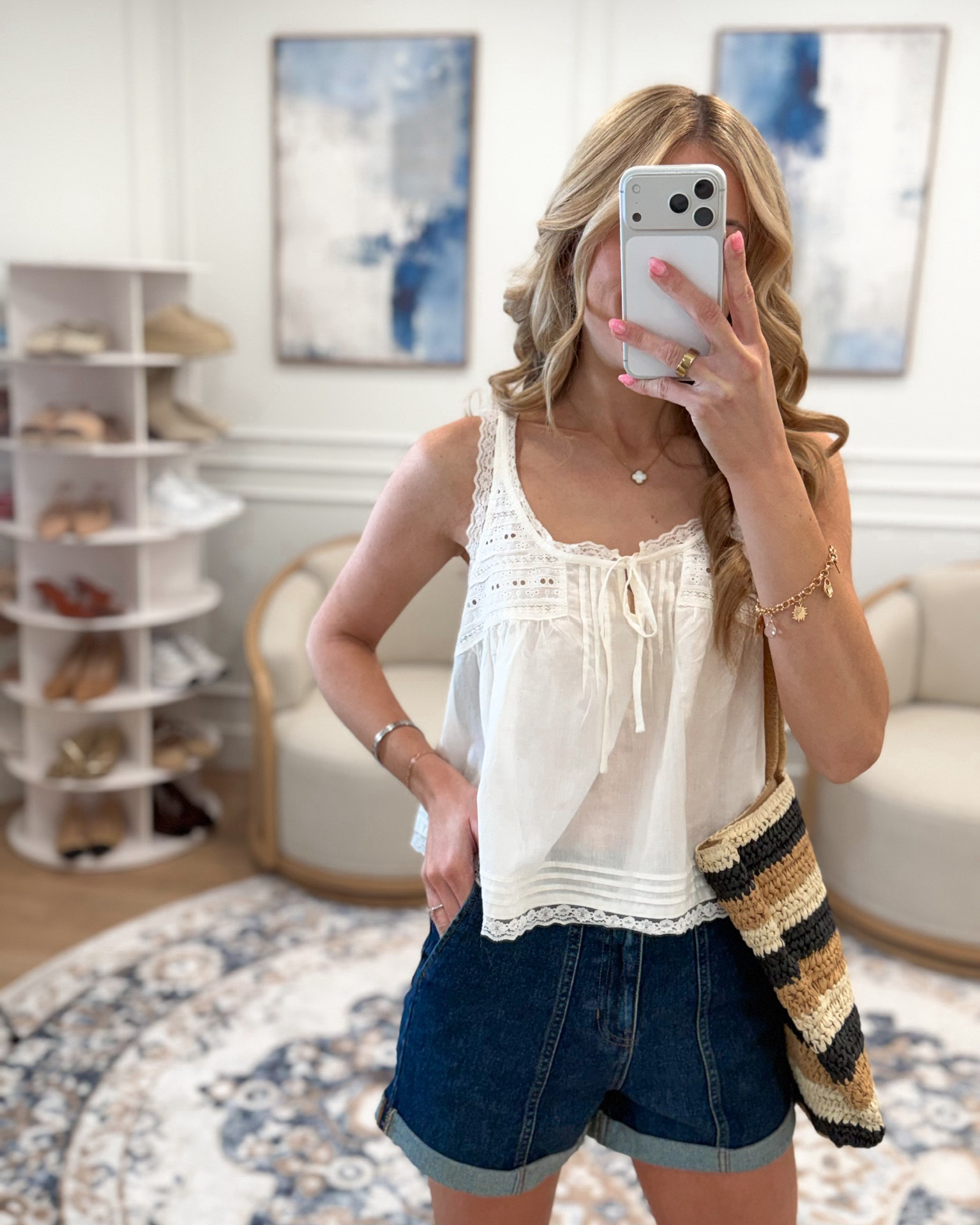 This white eyelet lace trim tank from Walmart is a summer wardrobe must — lace trim straps, tie-front detail, eyelet fabric, scallop lace hem. So romantic and feminine for the price. Paired with dark wash denim shorts and a striped woven crossbody. 

#LTKootd #LTKTall #LTKSeasonal