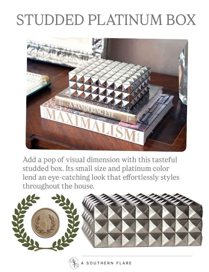 Add a pop of visual dimension with this tasteful studded box. Its small size and platinum color lend an eye-catching look that effortlessly styles throughout the house. Home Accessories

#LTKHome