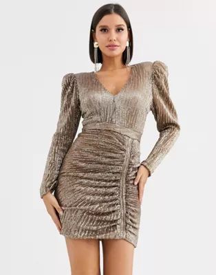 Lavish Alice structured sequin mini dress with statement shoulder in gold | ASOS US