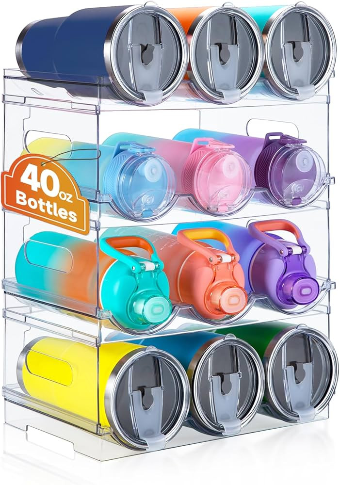 Large Compartment Water Bottle Organizer, Stackable Water Bottle Organizer for Cabinet, 4 Tier Wa... | Amazon (US)