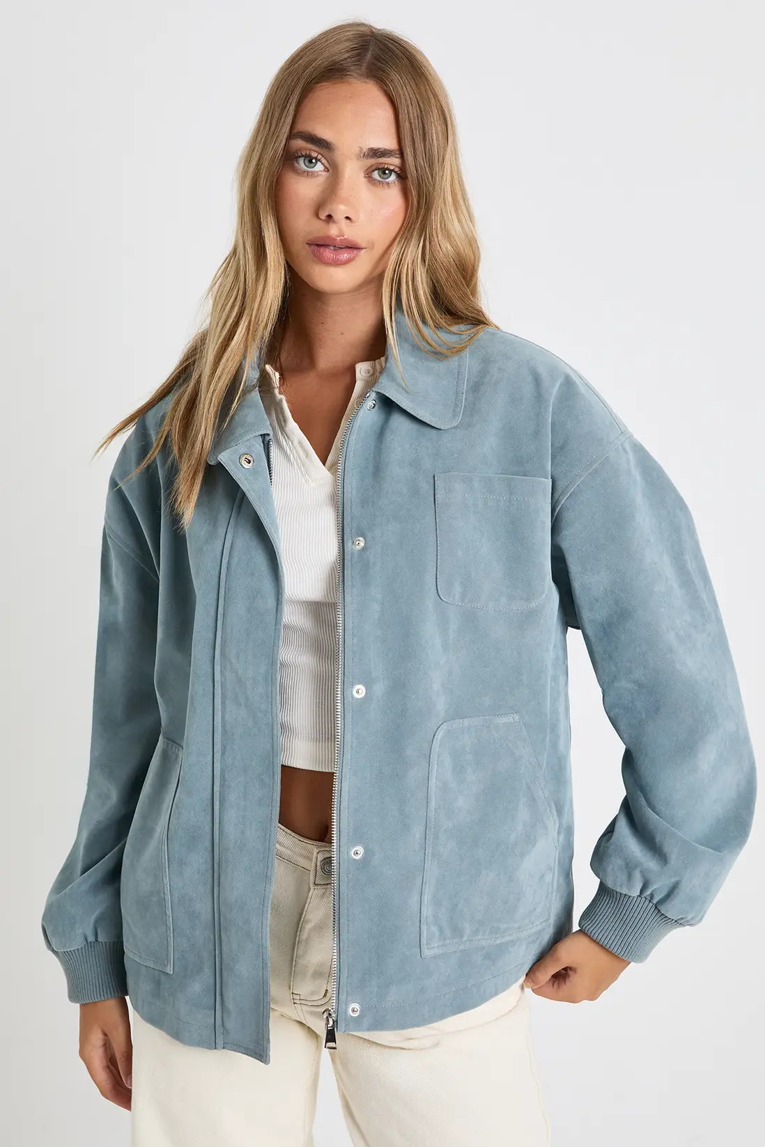 Blue Faux Suede Bomber Jacket | Boohoo | Boohoo.com (UK & IE)