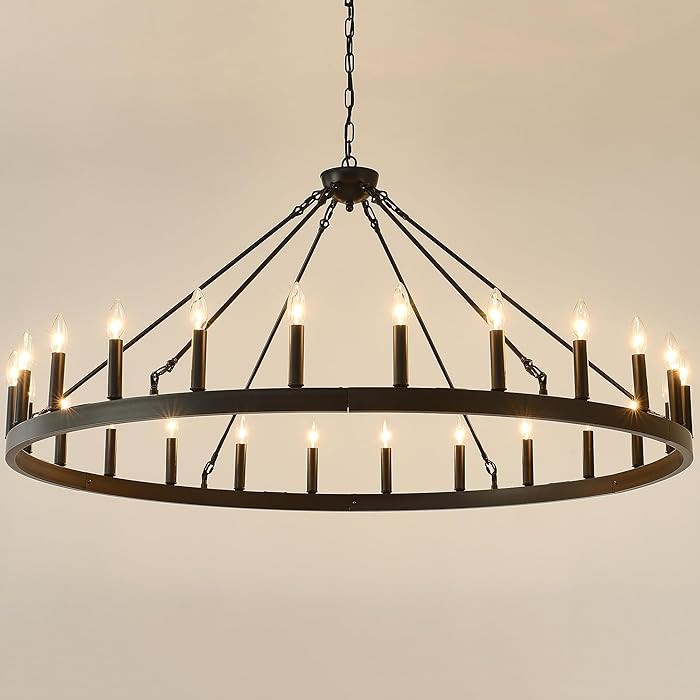53 Inch Large Black Farmhouse Wagon Wheel Chandelier,24-Light Round Industrial Pendant Light fixt... | Amazon (US)