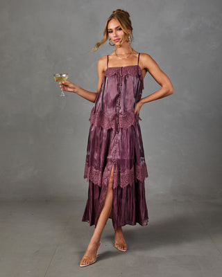 Shiloh Tiered Satin Lace Maxi Dress Plum / XL | VICI