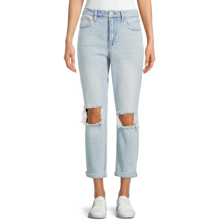 No Boundaries Juniors' Super High Rise Destructed Mom Jeans | Walmart (US)