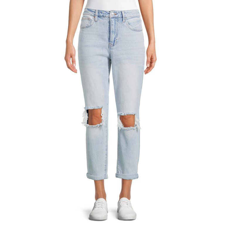 No Boundaries Juniors' Super High Rise Destructed Mom Jeans | Walmart (US)