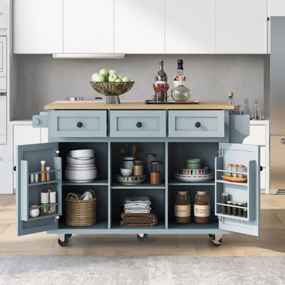 Blue Kitchen Cart with Rubber wood Drop-Leaf Countertop, Kitchen Island on 5 Wheels with Storage Cabinet for Dinning Room | Target