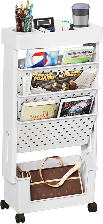5-Tier Bookshelf, Book Storage Organization with Wheels Mobile Rolling Bookshelves Cart for Home ... | Amazon (US)