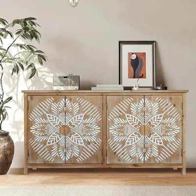 60 Inch Wood Accent Cabinet with 4 Doors, Antique White and Brown, Versatile Storage for Modern and Vintage Decor | Wayfair North America