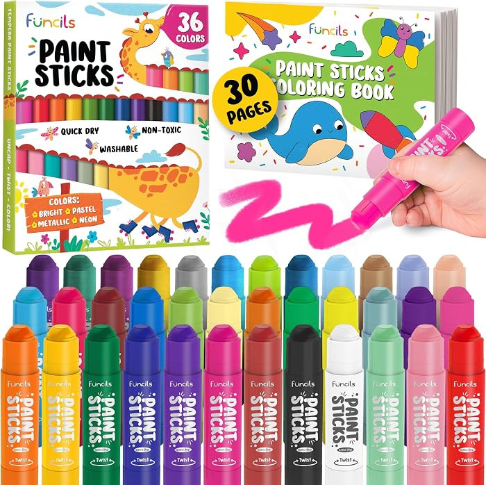 36 Washable Tempera Paint Sticks for Kids with Coloring Book | Non-Toxic Markers for Toddlers 1-3... | Amazon (US)