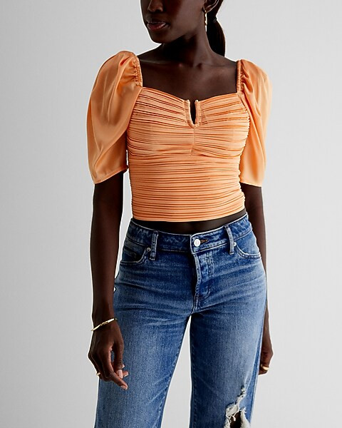 Satin V-Bar Puff Sleeve Ruched Pleated Top | Express
