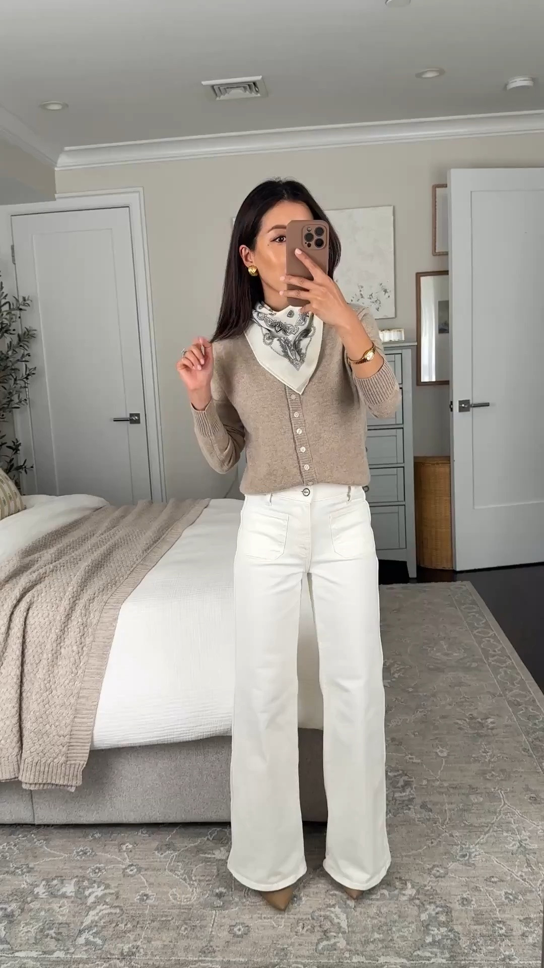J.crew sale! Sizing below
• denim trouser 23 petite, I sized down at waist. longer length even in petite so require heels on me

• Classic cashmere cardigan xxs in hthr oateaml color, lightweight with ribbing details. Sleeves a little long for petites ￼

• older scarf. I have and love the Etsy one linked!
• Sam Edelman heels 5.5

Petite friendly outfit, easy mom style, white jeans outfit, spring fashion , office outfit ideas 

 #LTKootd #LTKSaleAlert #LTKPetite #LTKWorkwear