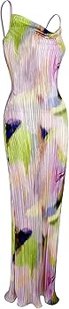 Jelly Brynn Cowl Neck Printed Plisse Maxi Dress Sleeveless Tank Dress Summer Beach Dresses | Amazon (US)