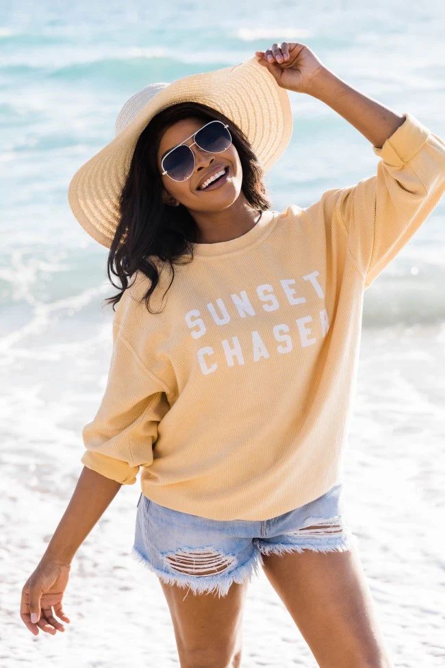 Sunset Chaser Gold Corded Graphic Sweatshirt | The Pink Lily Boutique