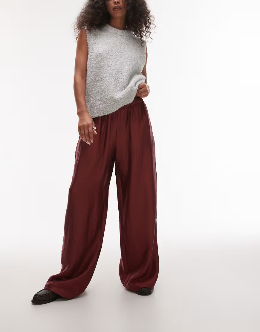 Topshop textured satin straight leg drawstring pants in burgundy-Brown | ASOS (Global)