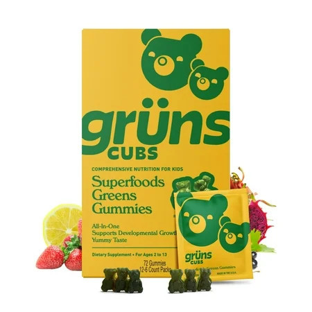 Gruns Kids Vitamin Super Greens Gummies, Made with 60 Organic Ingredients, 21+ Vitamins & Minerals, Prebiotics, Adaptogens, Spirulina & Chlorella, Ages 2+, 12 Servings | Walmart (US)