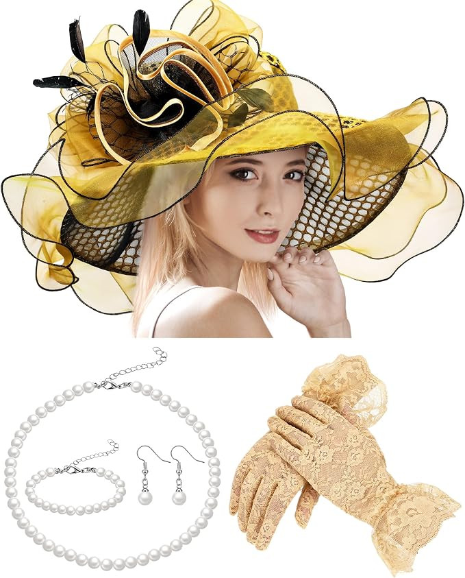Derby Hat for Women 2026 Wide Brim Organza Sun Church Hat Set Feather Floral Fascinator for Tea P... | Amazon (US)