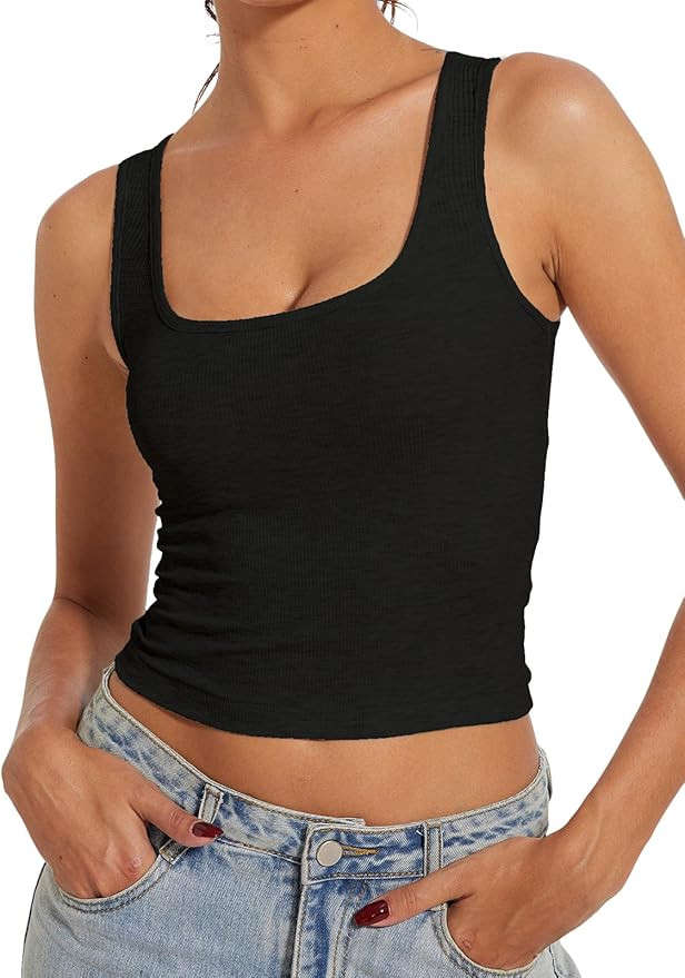 AnotherChill Women's Ribbed Crop Tank Tops Scoop Neck High Back Basic Sleeveless Rib Shirt Summer... | Amazon (US)