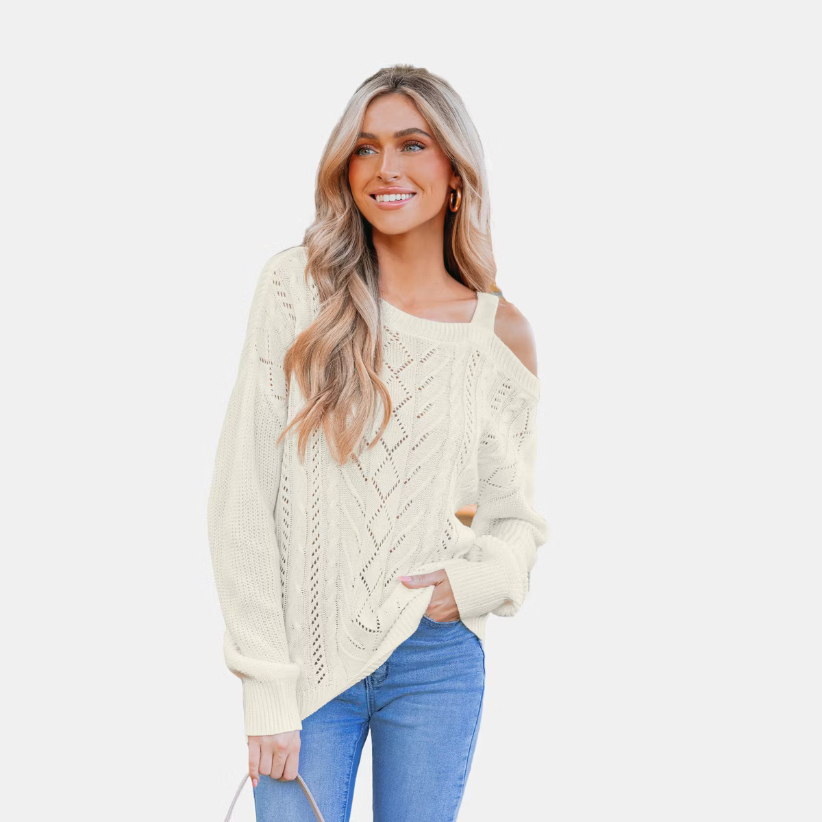 Women's Cutout Cable Knit One-Shoulder Sweater -Cupshe-M-Off-White | Target