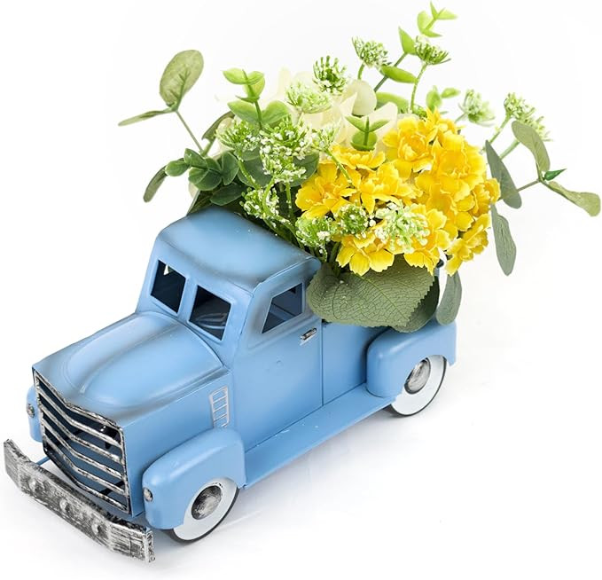 Spring Blue Truck Decor, Vintage Metal Pickup with Artificial Daisy Hydrangea Eucalyptus Farmhous... | Amazon (US)