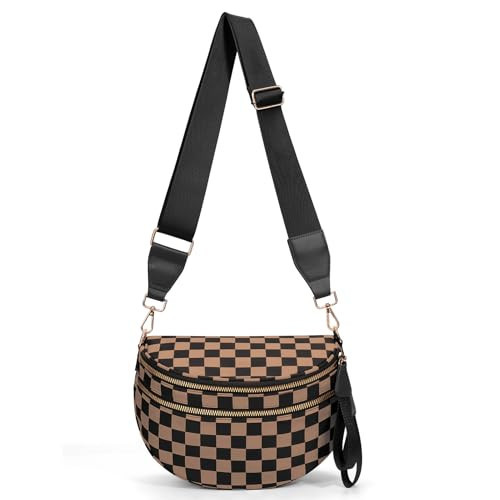 Checkered Crossbody Bum Bags for Women Nylon Checkered Purse Checkerboard Fanny Pack (A02 Khaki) | Amazon (US)