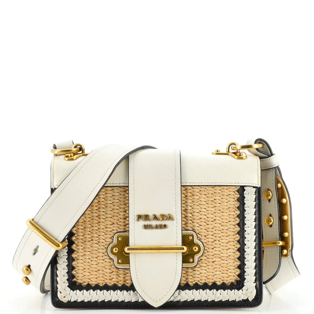 Prada Cahier Crossbody Bag Leather and Straw Small Neutral 1485721 | Rebag