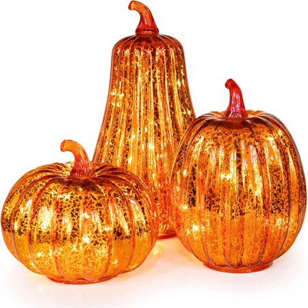 YIXIAO Glass Pumpkin with Lights and Timer Set of 3 Lighted Mercury Glass Pumpkins for Fall Hallowee | Walmart (US)