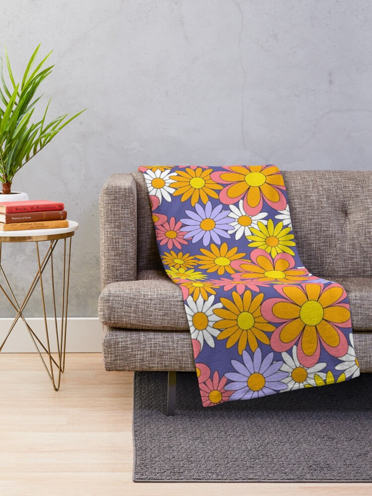 70s Flower Power Purple Orange Yellow Retro Daisy Throw Blanket | Redbubble (US)