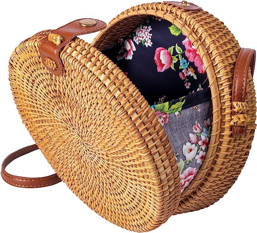 Rattan Bags For Women Straw Wicker Purse Round Crossbody Shoulder Summer Woven | Amazon (US)
