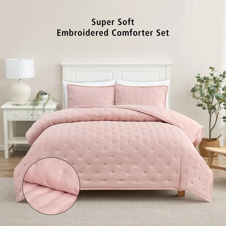 Mainstays Full/Queen Comforter Set, Super Soft & Embroidered, 3-Piece, Pink | Walmart (US)