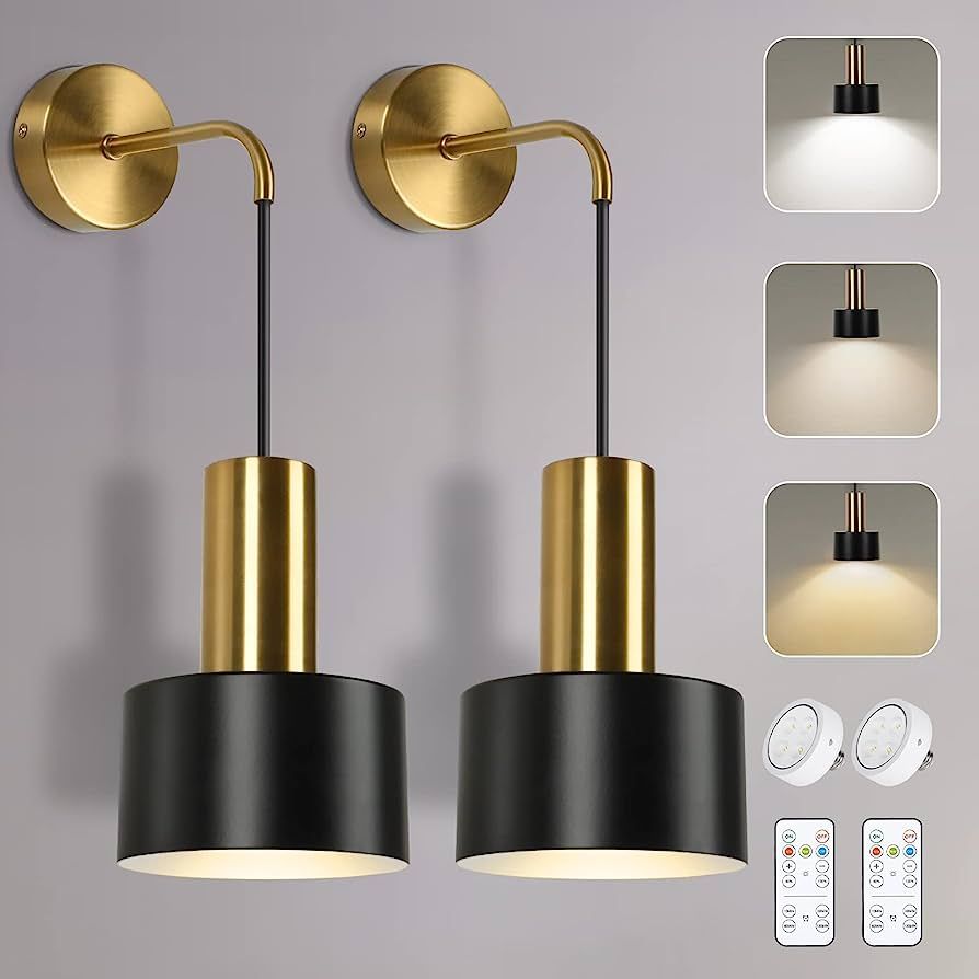 Set of 2 Battery Operated Wall Lights with Remote, Black Modern Dimmable Sconce Wall Lighting Ind... | Amazon (US)