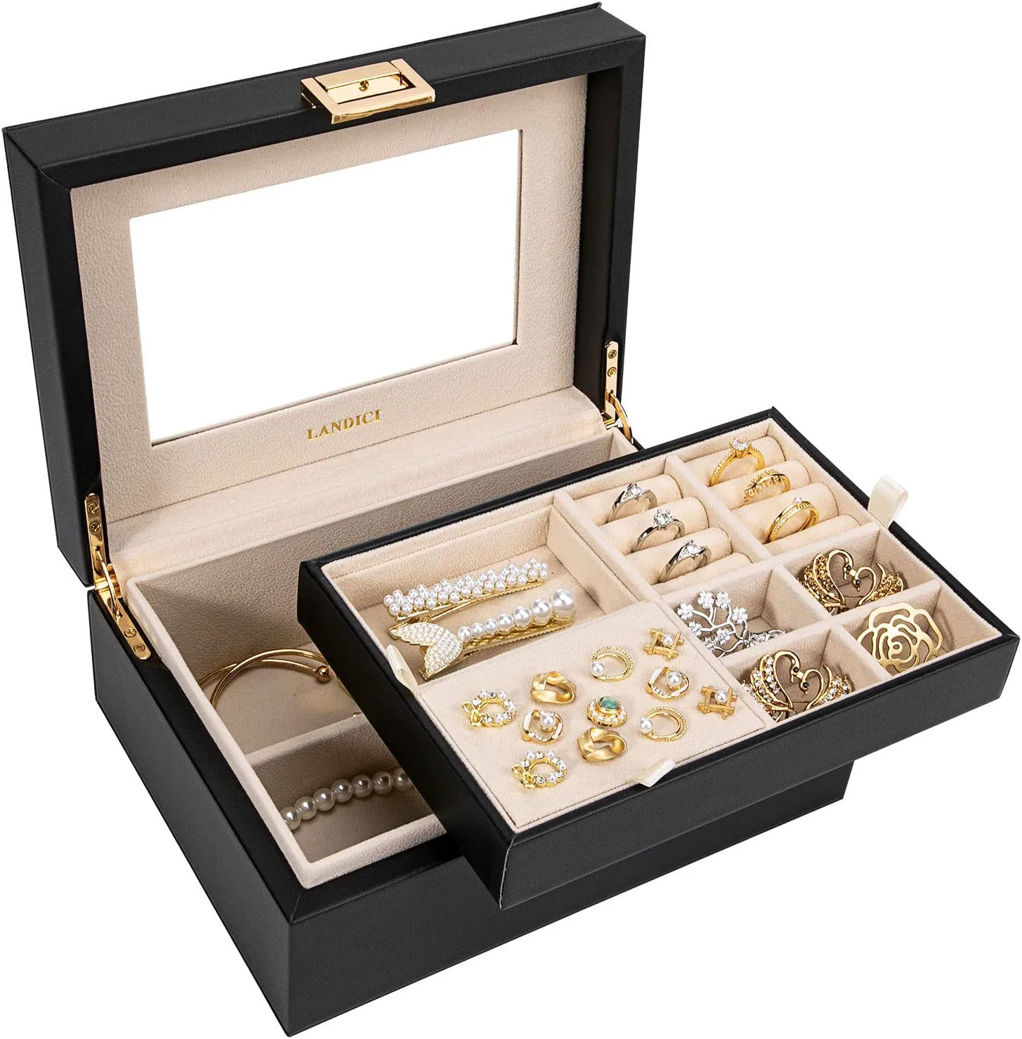 LANDICI Jewelry Box Organizer for Women Teen Girls, Large Jewelry Storage Case with Mirror and 2 ... | Amazon (US)