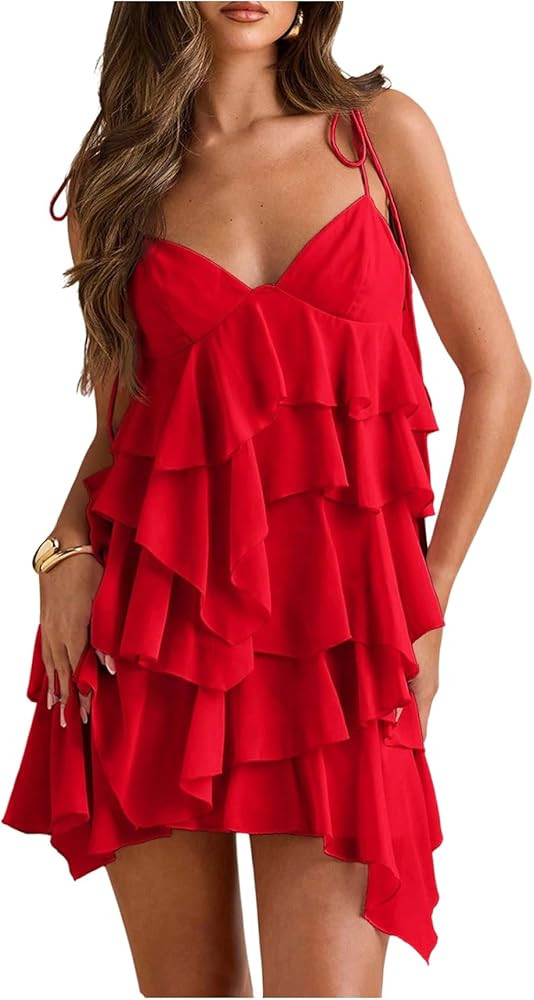 Floerns Women's Cocktail Tie Shoulder Mini Dress Sleeveless Layered Ruffle Cami Sundress | Amazon (US)