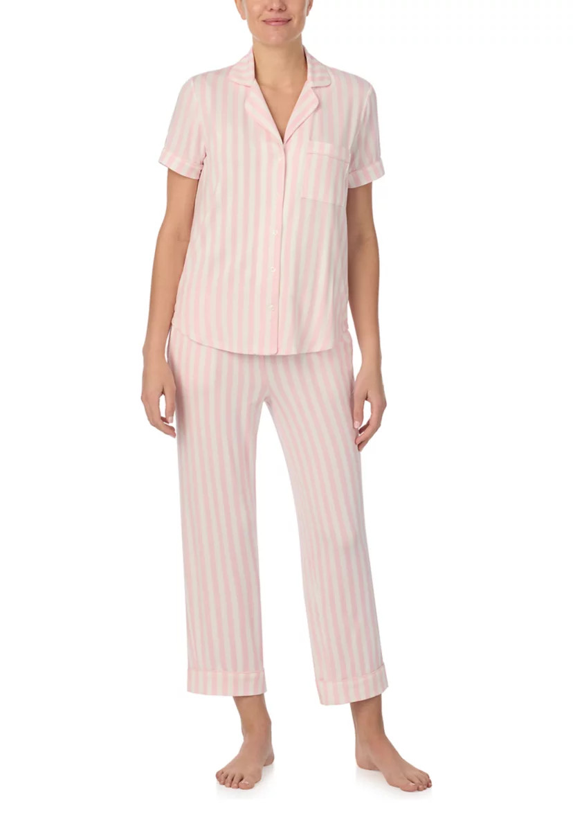 Cropped Stripe Printed Notch Collar Top and Pants Pajama Set | Belk
