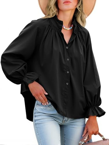 Tankaneo Womens Puff Long Sleeve Button Down Shirts Pleated V Neck Cotton Blouses Loose Fit Casua... | Amazon (US)