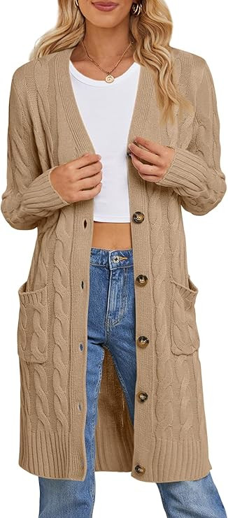 MEROKEETY Women's 2024 Long Sleeve Cable Knit Long Cardigan Open Front Button Sweater Outerwear | Amazon (US)