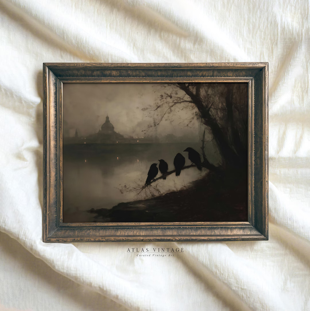 Vintage Gothic Crow Print, Haunted Forest Printable Wall Art, Halloween Raven Lake Painting Digit... | Etsy (US)