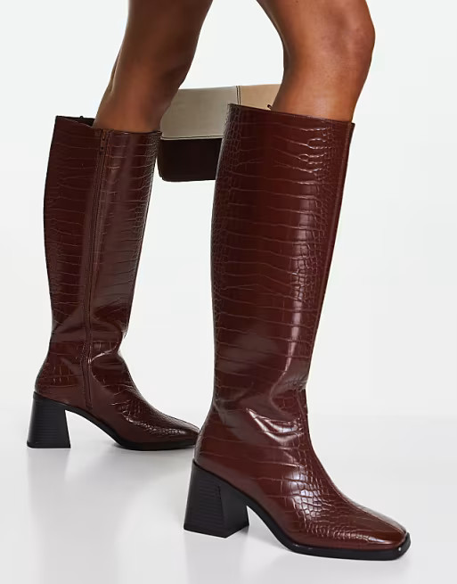 Monki vegan leather knee high heeled croc boots in brown | ASOS | ASOS (Global)