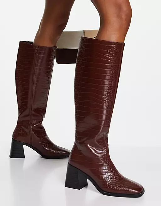 Monki vegan leather knee high heeled croc boots in brown | ASOS (Global)