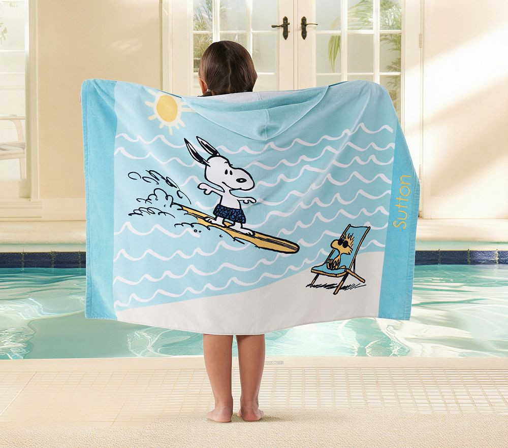 Peanuts\u00ae Snoopy\u00ae Surf Kid Beach Hooded Towel UPF 50+ | Pottery Barn Kids