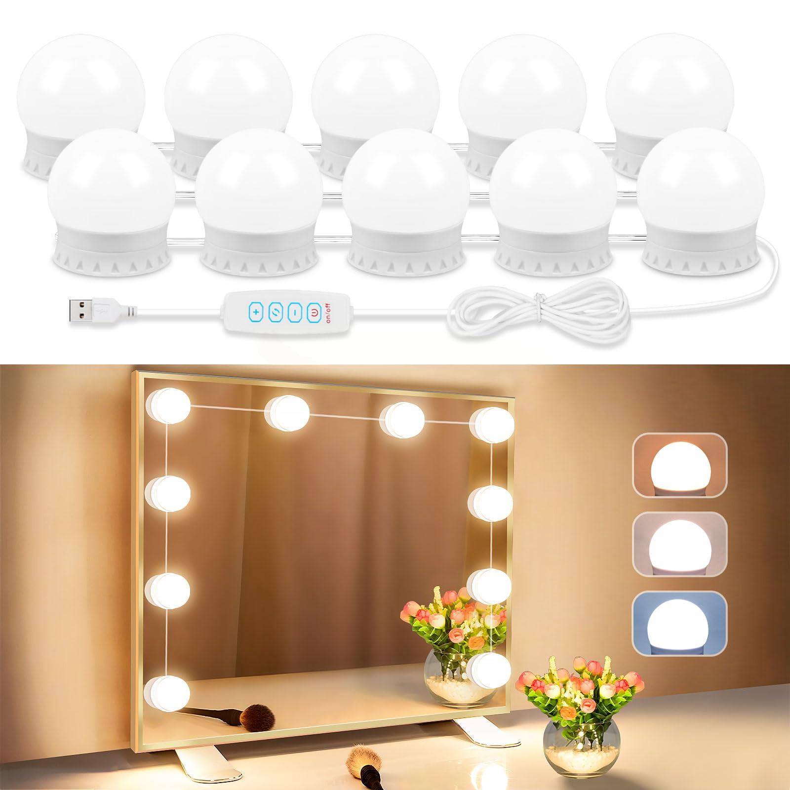 LED Vanity Lights for Mirror, Vanity Lights Stick on with 10 Dimmable Bulbs, 3000K 4000K 6500K & ... | Amazon (US)