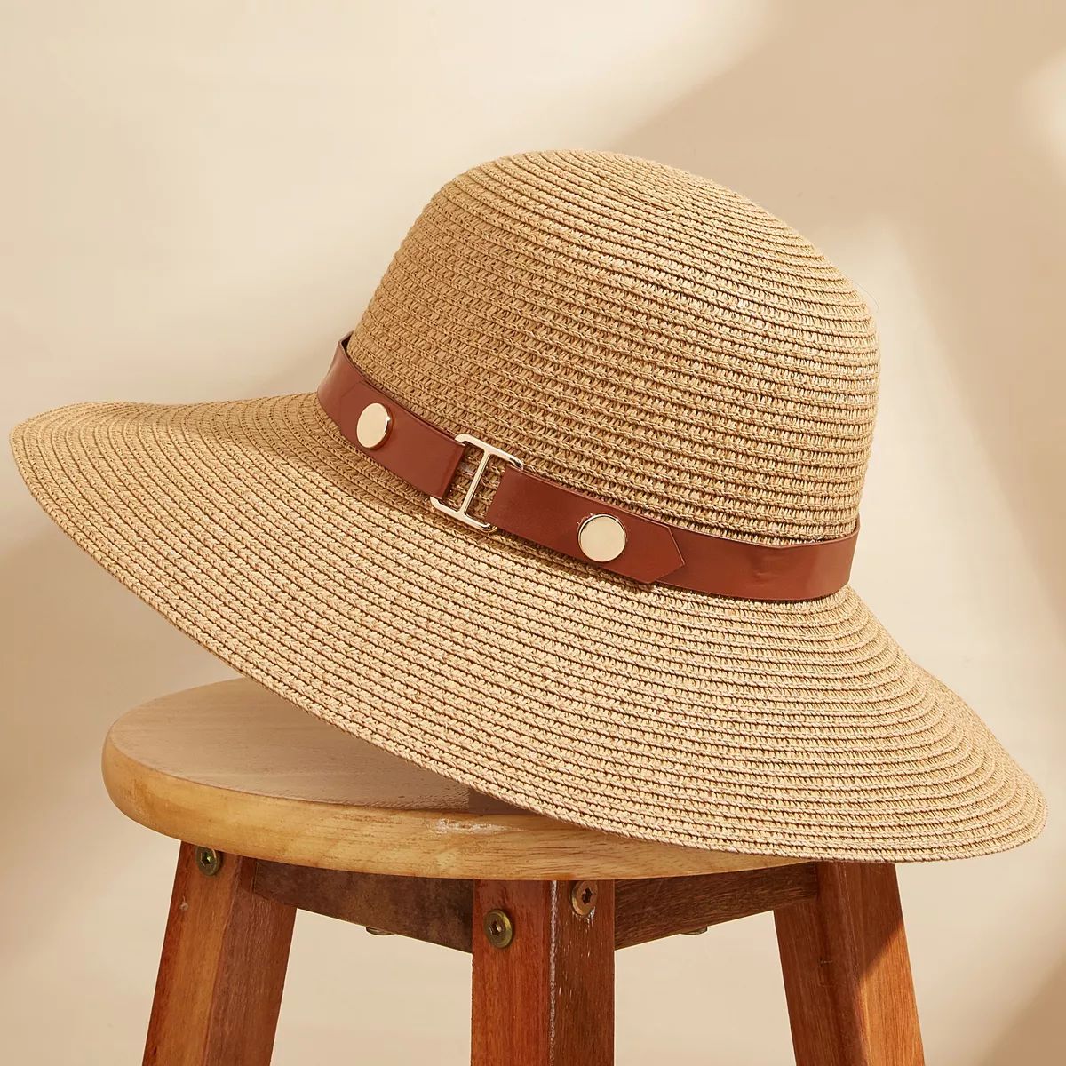Women's Gold-Tone and Faux Leather Wide Brim Straw Hat - Cupshe | Target