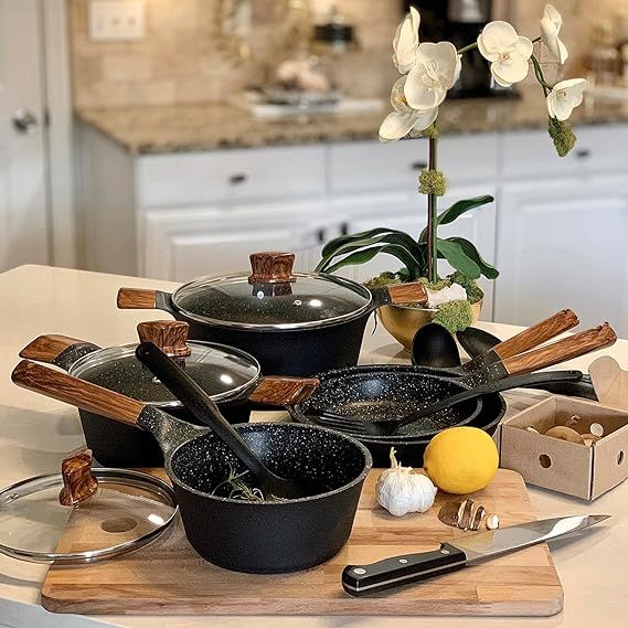 Kitchen Academy Induction Cookware Set - 12 Piece Cast Aluminum Pots and Pans Set, Granite Nonsti... | Amazon (US)